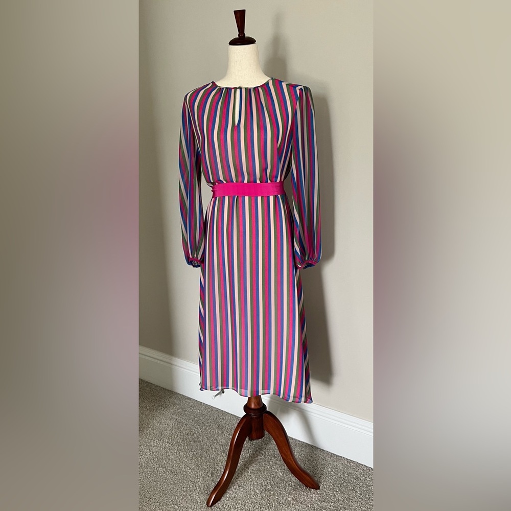 Boden PETITE Dress Pink Striped Bow Belt Size 10 petite